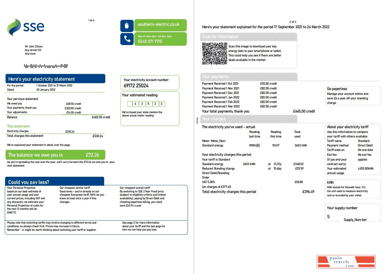 United Kingdom SSE Energy utility bill, Word and PDF template, 4 pages 1 2